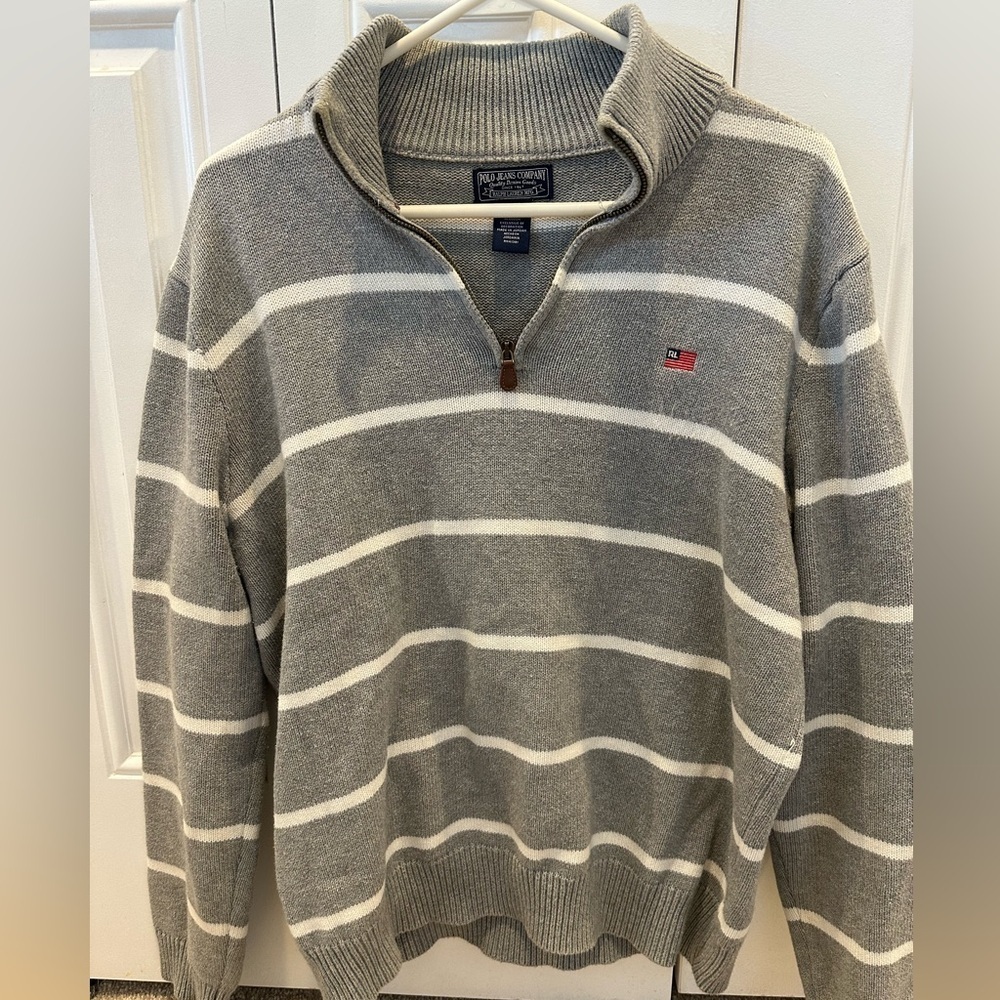 RL Ralph Lauren Polo Jeans Co. Vintage Men's Sweater Half Zip Gray Flag Medium
